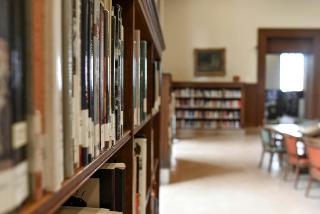 library, a bookshelf